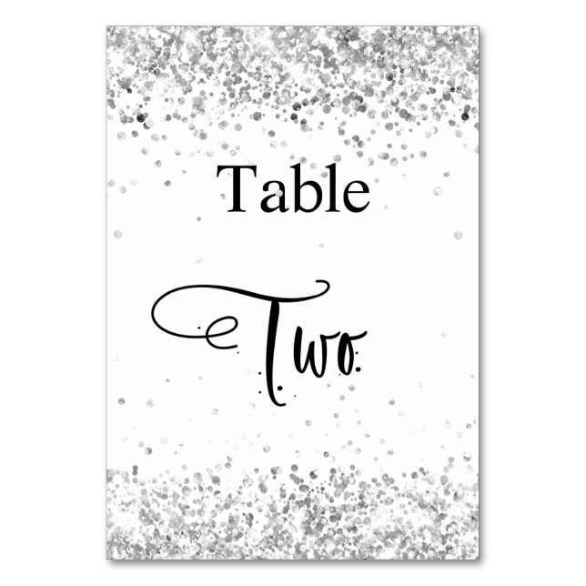 Silver white glitter calligraphy table two 2 table number (Front)