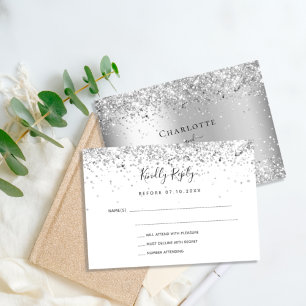 Silver white glitter elegant budget wedding RSVP