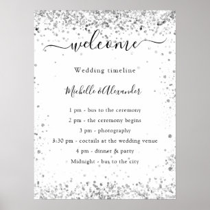 Silver white glitter elegant wedding program poster