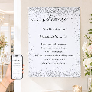Silver white glitter elegant wedding program poster