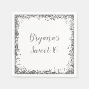 Silver White Glitter Glam Edge Sweet 16 Party Napkin