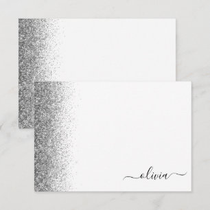 Silver White Glitter Script Monogram Girly Thank You Card
