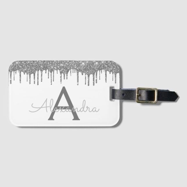 Silver White Glitter Sparkle Monogram Name Luggage Tag (Front Horizontal)