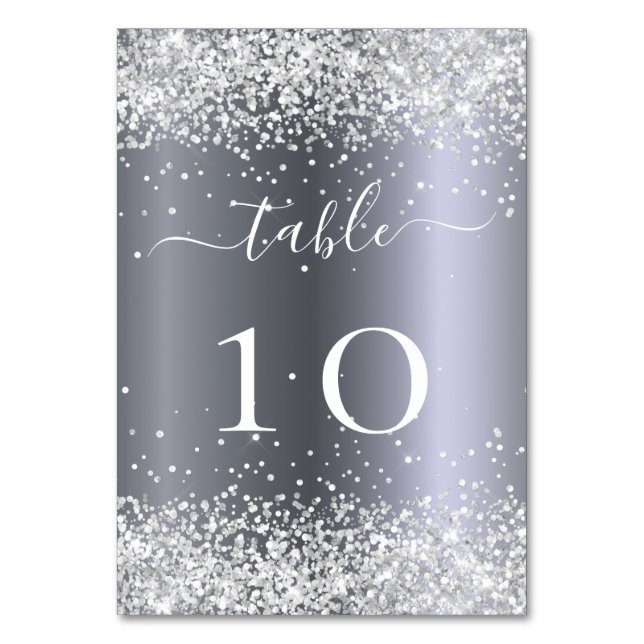Silver white glitter sparkles glamourous table number (Front)