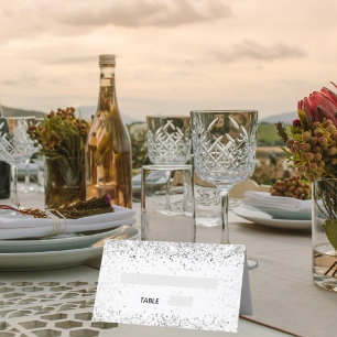 Silver white glitter sparkles wedding place card