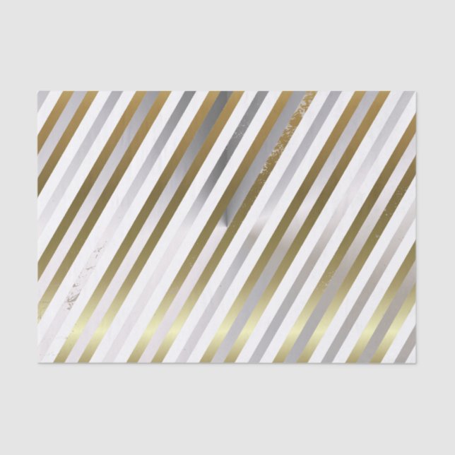 Silver, White, Gold Diagonal Stripe Tissue Paper (Front)