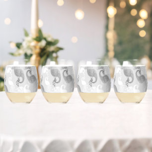 Silver white gold royal peacock bird  stemless wine glass