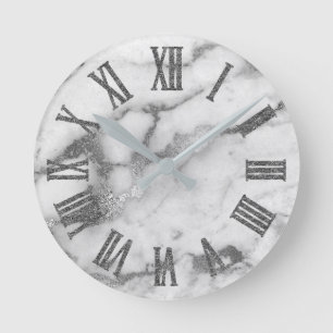 Silver White Grey Carrara Marble Stone Roman Numbe Round Clock