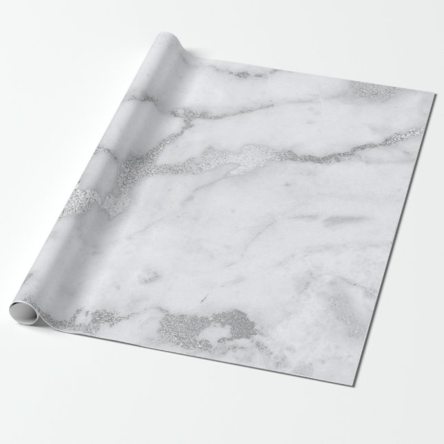Silver White Grey Marble Stone Brushes Wrapping Paper (Unrolled)