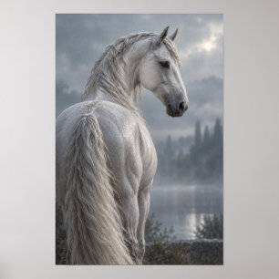 Silver White Horse by Misty Lake Equestrian Wall A Poster