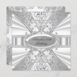 Silver & White Jewel Damask Birthday Invite