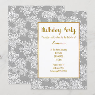 SILVER WHITE LACE GOLD ALL OCCASION BIRTHDAY INVITATION