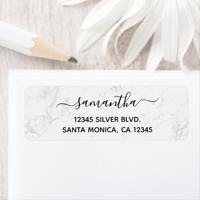 Silver White Marble Return Address Label (Insitu)
