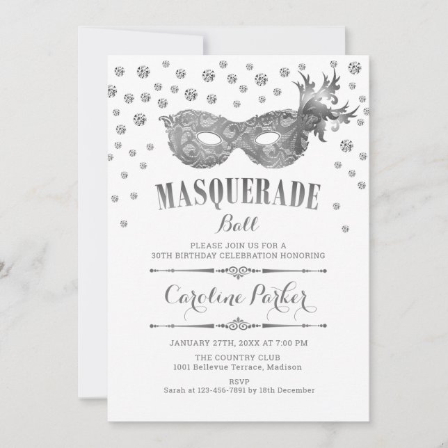 Silver White Masquerade Ball Birthday Party Invitation (Front)