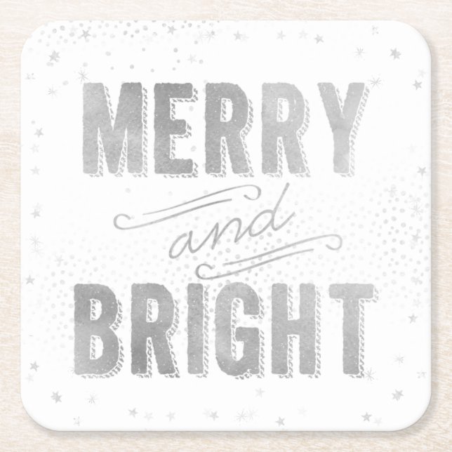 Silver & White Merry and Bright Winter Holiday Square Paper Coaster (Front)