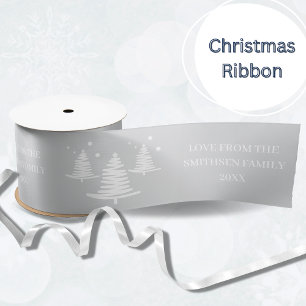 Silver White Minimalist Christmas Trees Satin Ribbon
