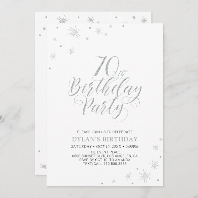 Silver & White | Modern Chic 70th Birthday Party Invitation (Front/Back)