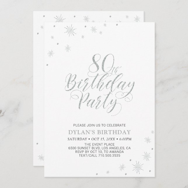 Silver & White | Modern Chic 80th Birthday Party Invitation (Front/Back)
