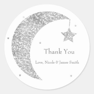 Silver & White Moon & Stars Baby Shower Favour Classic Round Sticker