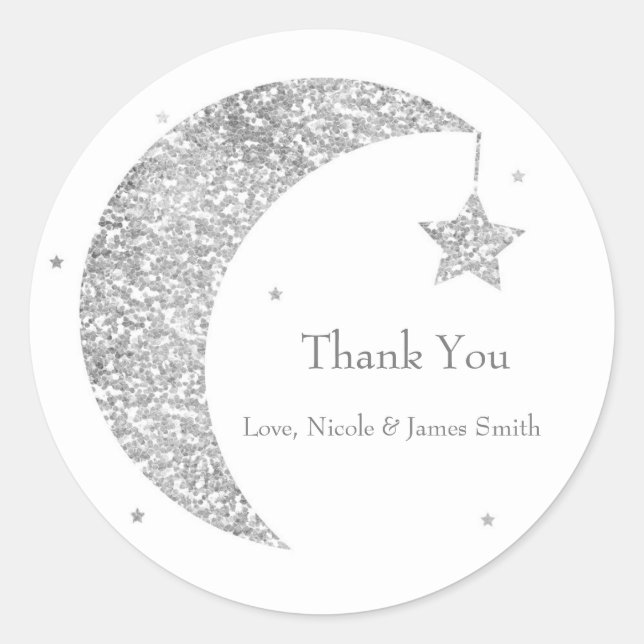 Silver & White Moon & Stars Baby Shower Favour Classic Round Sticker (Front)