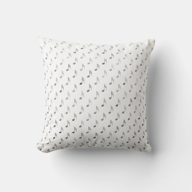 Silver White Musical Notes Metallic Faux Foil Cushion (Front)
