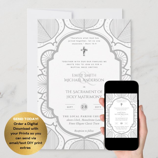Silver White Ornate Catholic Nuptial Mass Wedding Invitation (Creator Uploaded)