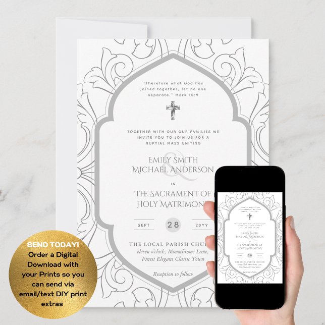Silver White Ornate Catholic Nuptial Mass Wedding Invitation (Creator Uploaded)