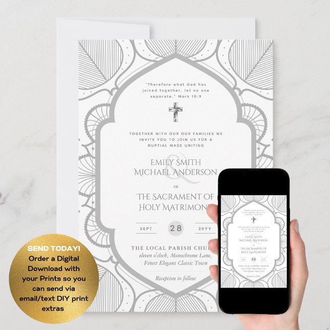 Silver White Ornate Catholic Nuptial Mass Wedding Invitation (Creator Uploaded)