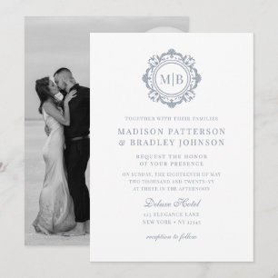 Silver White Ornate Floral Monogram Wedding Invitation
