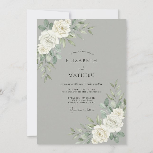 Silver White Peony Wedding Invitation (Front)