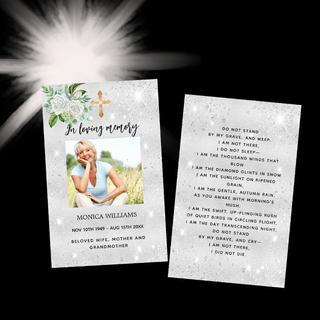 Silver white photo cross funeral prayer card (Creator Uploaded)
