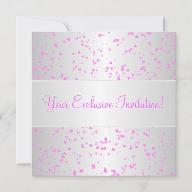 Silver White Pink Hearts Confetti Event Party Invitation (Front)