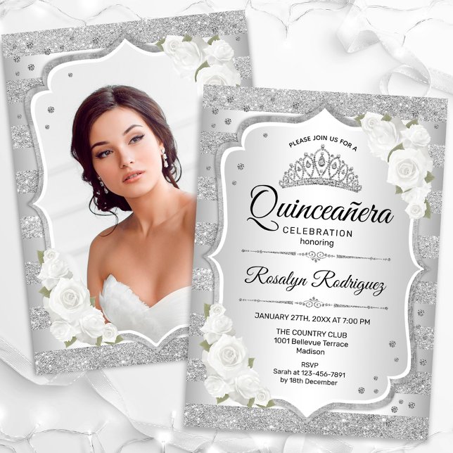 Silver White Quinceanera Photo Invitation (Creator Uploaded)