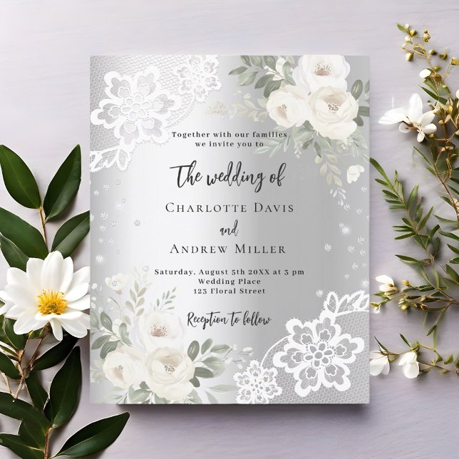 Silver white roses diamonds wedding invitation (Creator Uploaded)