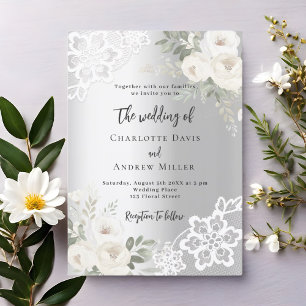 Silver white roses greenery wedding invitation