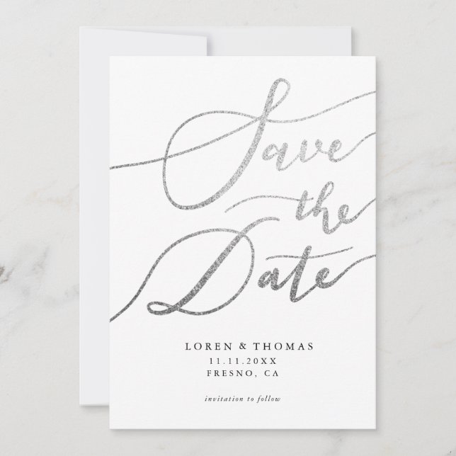 Silver White Script Typography Save The Date (Front)