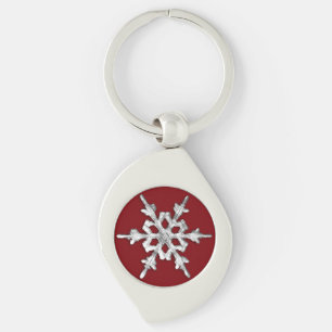 Silver & white snowflake on deep red key ring