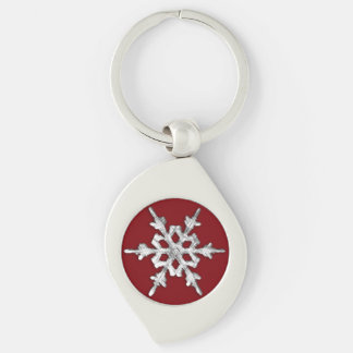 Silver & white snowflake on deep red key ring