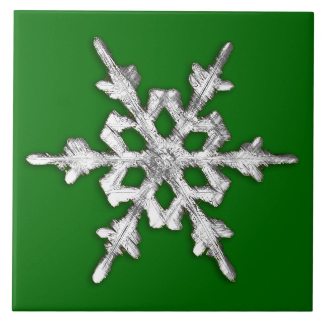 Silver & white snowflake on pine green ceramic tile (Front)