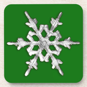 Silver & white snowflake on pine green coaster