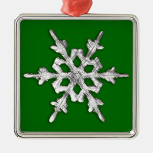 Silver & white snowflake on pine green metal tree decoration