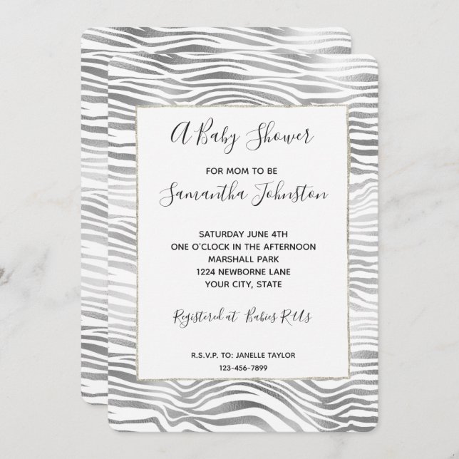 Silver White Zebra Print Baby Shower Invitation (Front/Back)