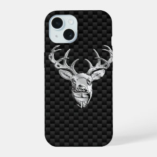 Silver Wild Deer on Carbon Fibre Style Print iPhone 15 Case
