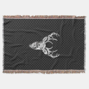Silver Wild Deer on Carbon Fibre Style Print Throw Blanket