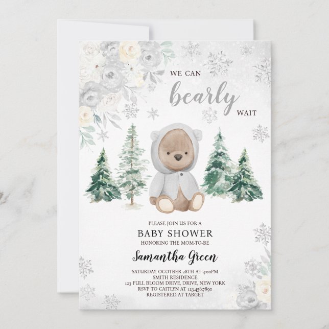Silver Winter Bear Baby Shower Invitation (Front)