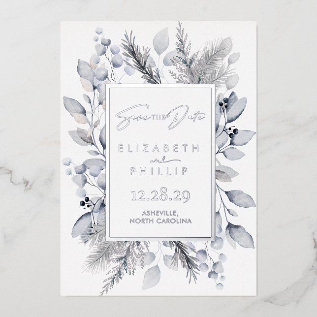 Silver Winter Botanical Holiday Save The Date (Front)