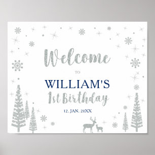 Silver Winter Boy 1st Birthday Party Welcome Sign