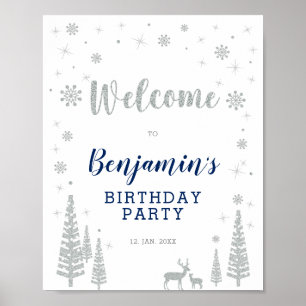 Silver Winter Boy Birthday Party Welcome Sign