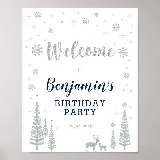 Silver Winter Boy Birthday Party Welcome Sign (Front)