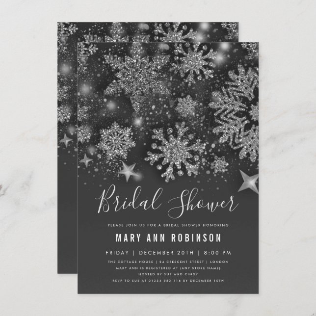 Silver Winter Bridal Shower Glitter & Stars Invitation (Front/Back)